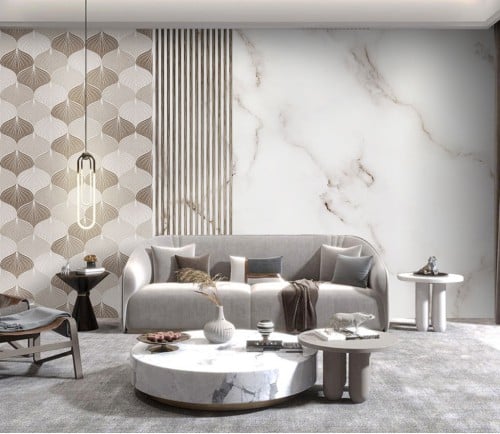 ورق جدران بتصميم الرخام والخشب GWM370002