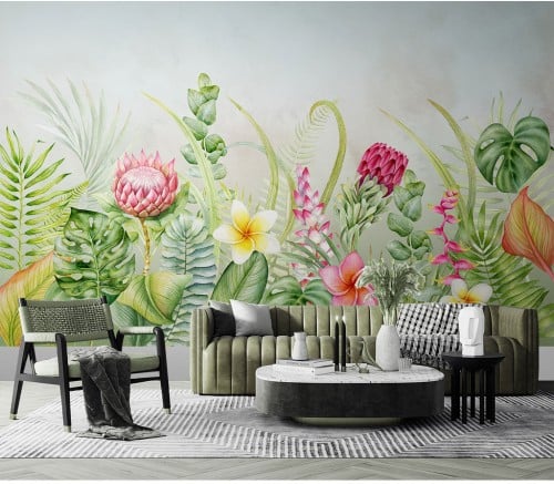 ورق جدران بتصميم نباتات استوائية صغيرة مرسومة يدوي...