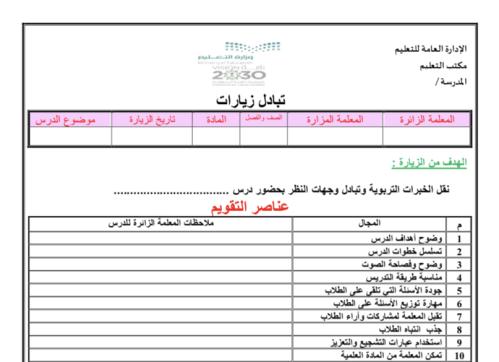‏نموذج تبادل الزيارات بين المعلمات