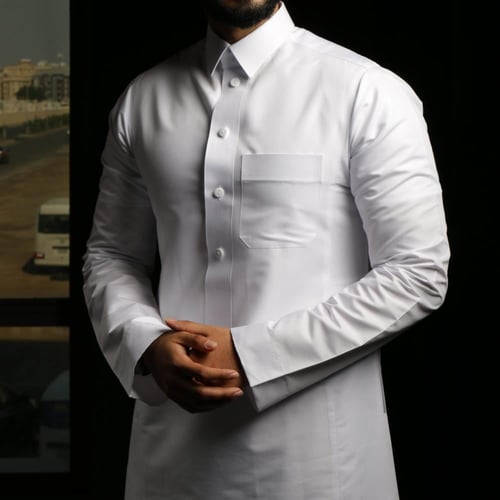 ثوب رجالي قماش خفيف، كم سادة، رقبة قلاب