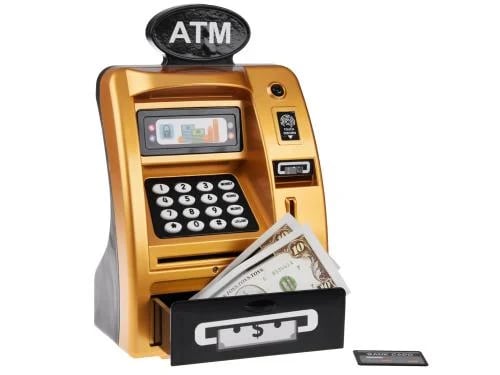 حصالة أطفال ذكية على شكل صراف آلي (ATM) باللون الذ...