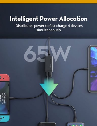 راف باور - منصة شحن بقوة 65 واط و 4 منافذ شحن