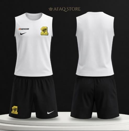 طقم تدريب نادي الاتحاد السعودي أبيض وأسود بدون أكمام 2026-2027