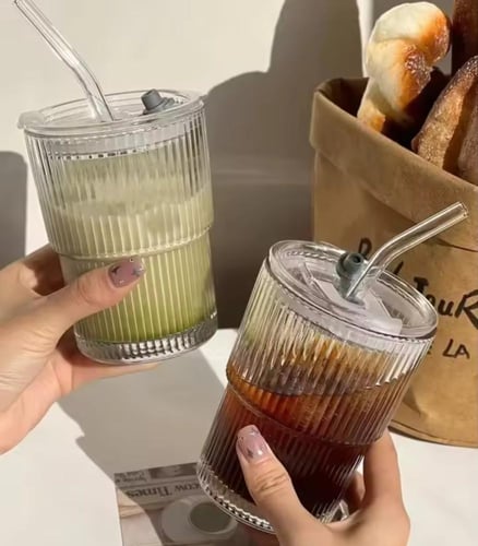 كوب زجاج القهوة مع خطوط عمودية ، غطاء زجاجي ، كوب...