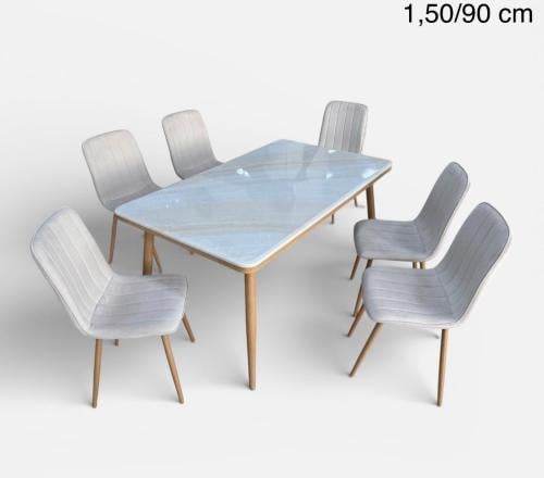 Natural marble dining table, iron legs - 6 chairs