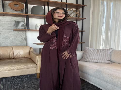 عباية لينن 100% شك خرز من الأمام و الأكمام قصة ستريت طرحه ليزر