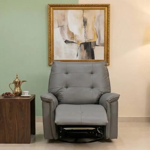 كرسي استرخاء فخم هزار دوار جلد بتصميم عصري رمادي