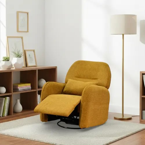 كرسي استرخاء فخم هزاز دوار قماشي مودرن أصفر