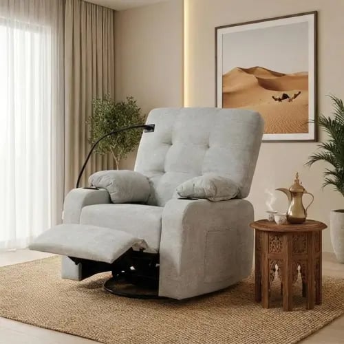 كرسي استرخاء فخم هزاز دوار بحامل جوال رمادي فاتح