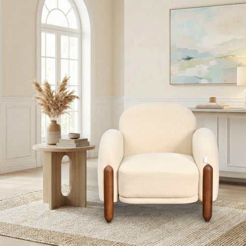 كرسي مفرد فخم قماش بهيكل خشبي مودرن بيج