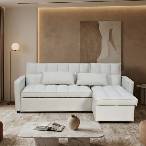 كنبة زاوية مودرن قماش قابلة للتحويل إلى سرير – بيج