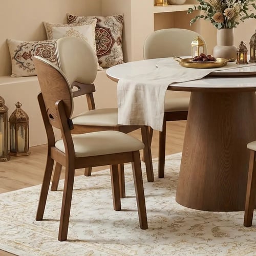 طاولة طعام فاخرة سطح دوار رخام صناعي 6 كراسي جلد