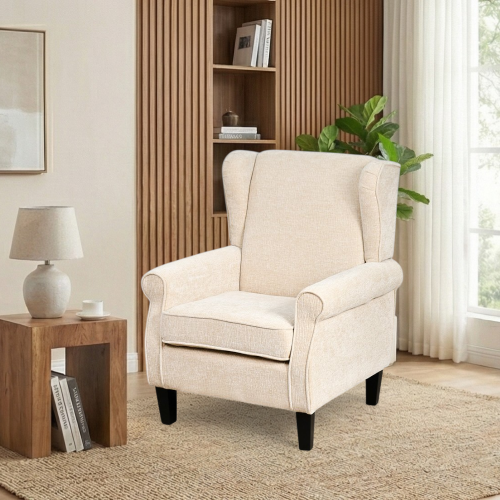 كرسي مفرد فخم قماش بهيكل خشبي مودرن بيج