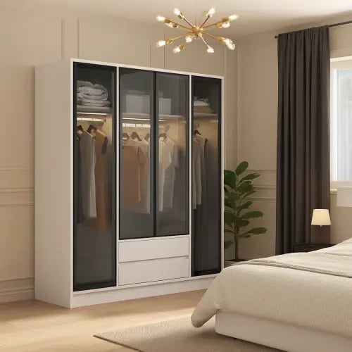 دولاب ملابس أبيض 4 باب زجاج مع إضاءة