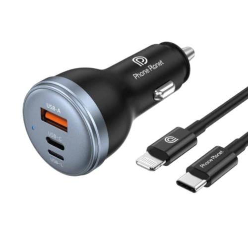 شاحن سياره 80 واط بمنفذ USB-L+1C+1A شحن سريع + كاب...