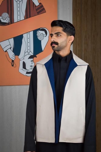 سديري شتوي ياقة قلاب بيج مع أزرق-متجر فرح