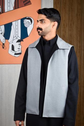 سديري شتوي ياقة قلاب رصاصي مع اسود-متجر فرح