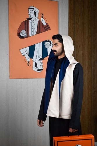 سديري شتوي ياقة قلاب بيج مع أزرق-متجر فرح