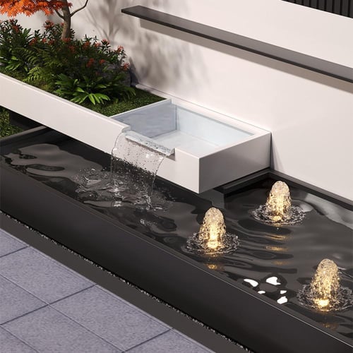 حديقة تشكل لوحه جدارية مميزة باحواض زراعية وشلال و...