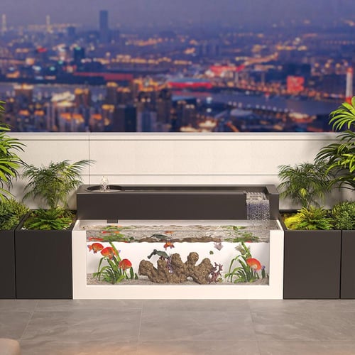 حديقة بشلال ماء وحوض اسماك مدمج بشكل يفوق الخيال