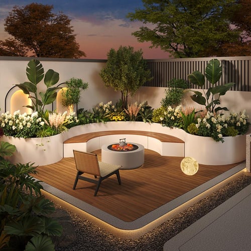 حديقه خارجيه بجلسات واحواض بشكل مميز