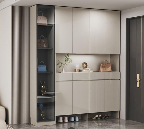 خزانة أخذيه ومساحات تخزين حائطيه بتصميم جميل