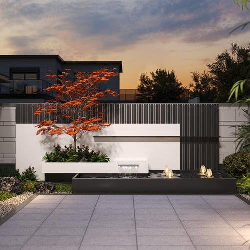 حديقة تشكل لوحه جدارية مميزة باحواض زراعية وشلال و...