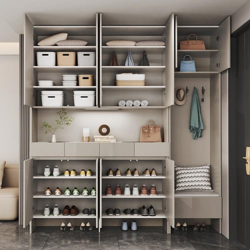 خزانة أخذيه ومساحات تخزين حائطيه بتصميم جميل