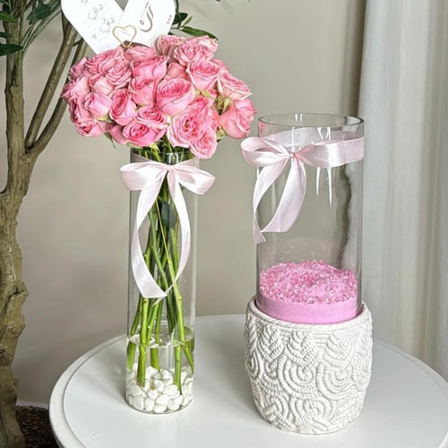 بكج فازة سمك رخام + فازة قزاز ورد