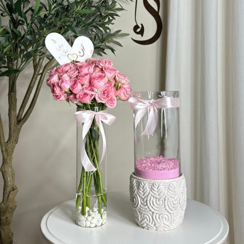 بكج فازة سمك رخام + فازة قزاز ورد