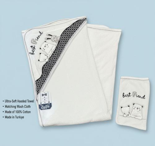 Hooded baby bath towel with a wash mitt.