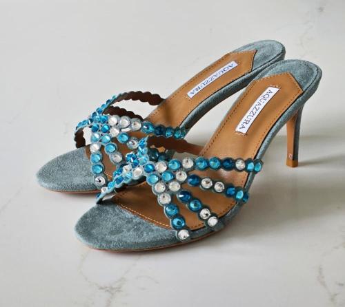 Aquazzura Crystal Embellished Mule Heels – Aqua Bl...