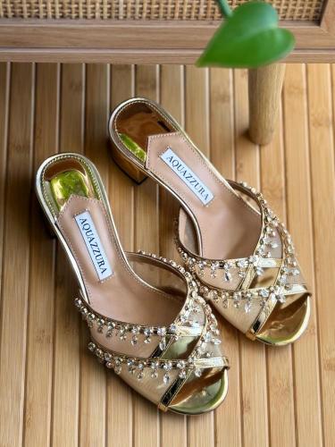 Aquazzura Crystal Embellished Slide Sandals – Gold...
