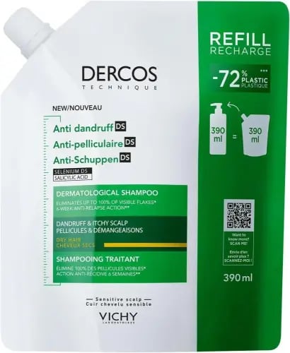 Vichy Dercos Anti-Dandruff Shampoo for Dry Hair, 390ml Refill
