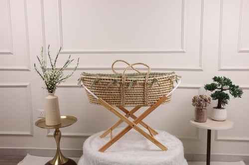 سلة موسى سرير مواليد قماش لينن بكسرات مع قاعدة خشب...