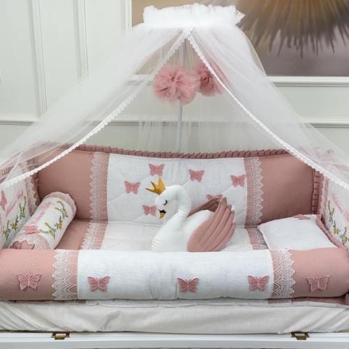 مفرش سرير مواليد 11 قطعة أبو فراشة قماش لينن مقاس...