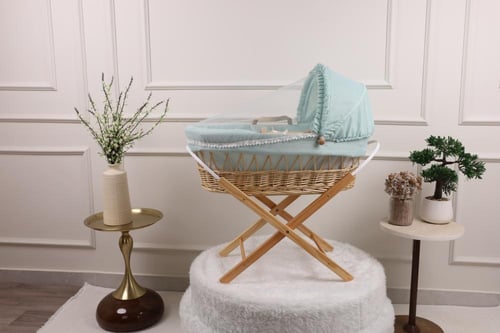 سلة موسى سرير مواليد خيزران قماش لينن بقاعدة X خشب...