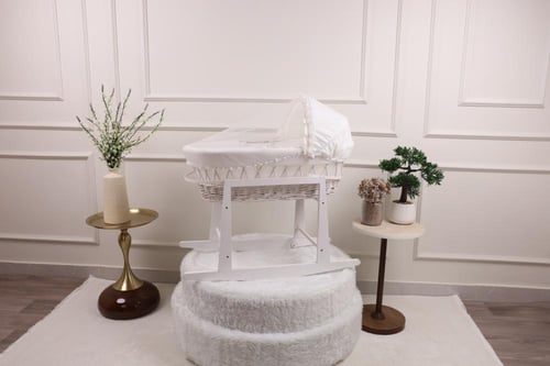 سلة موسى سرير مواليد خيزران قماش فيسبوك أبيض بقاعد...