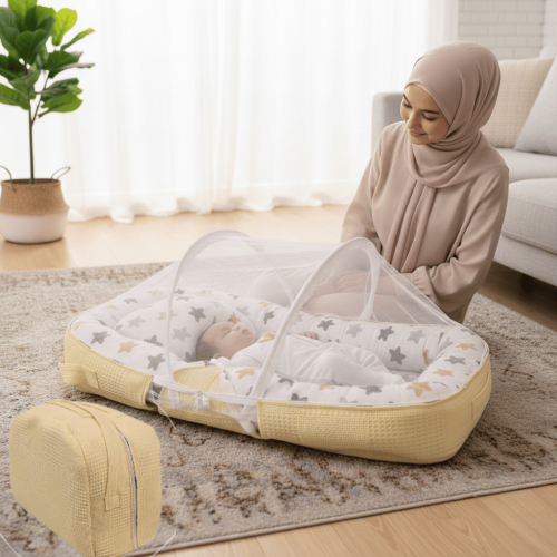 سرير مواليد محمول مع ناموسية وحقيبة تخزين قماش بلو...