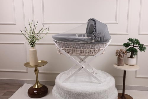 سلة موسى سرير مواليد خيزران قماش رمادي مقلم بقاعدة...