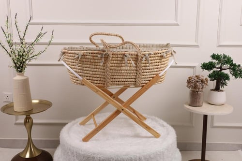 سلة موسى سرير مواليد قماش لينن بكسرات مع قاعدة خشب...