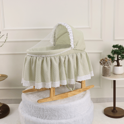 سرير شيال للأطفال بقاعدة هزاز خشبية وقماش لينن فاخ...