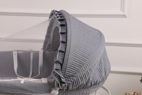 سلة موسى سرير مواليد خيزران قماش رمادي مقلم بقاعدة...