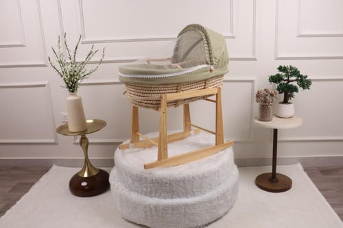 سلة موسى سرير مواليد قماش ليننن مع قاعدة هزازة خشب...
