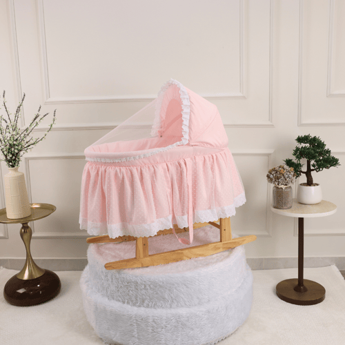 سرير شيال للأطفال بقاعدة هزاز خشبية وقماش لينن فاخ...