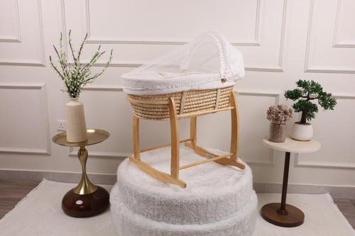 سلة موسى سرير مواليد قماش ليننن مع قاعدة هزازة خشب...