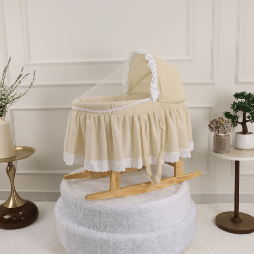 سرير شيال للأطفال بقاعدة هزاز خشبية وقماش لينن فاخ...