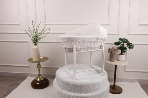 سلة موسى سرير مواليد خيزران قماش فيسبوك أبيض بقاعد...