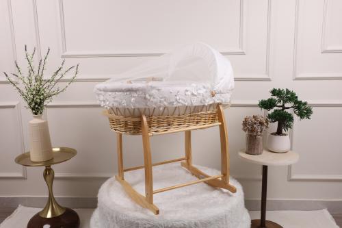 سلة موسى سرير مواليد خيزران قطن أوف وايت بالدانتيل...