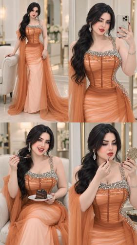 فستان سهرة اورانج تل مبطن بتطريزات كرستال